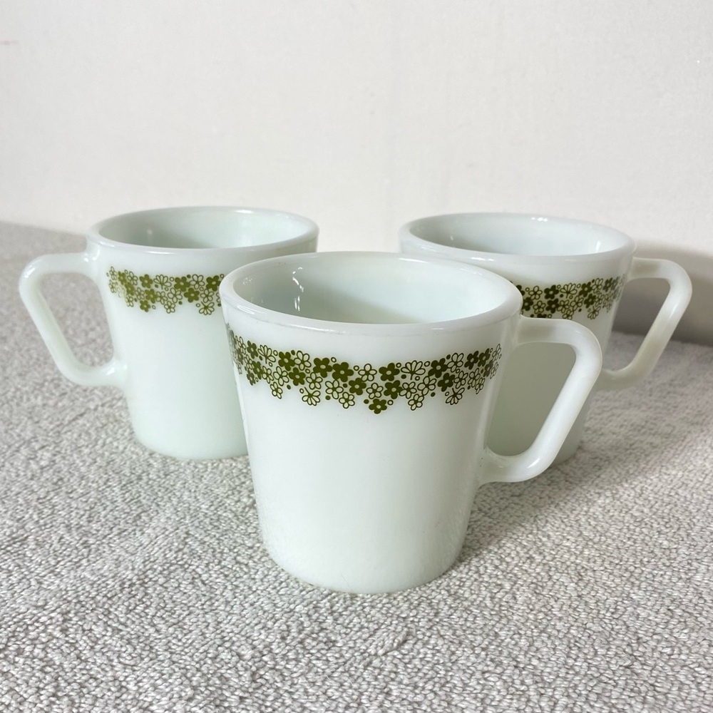 Vintage PYREX Spring Blossom Milk Glass Coffee Cups Mugs x3